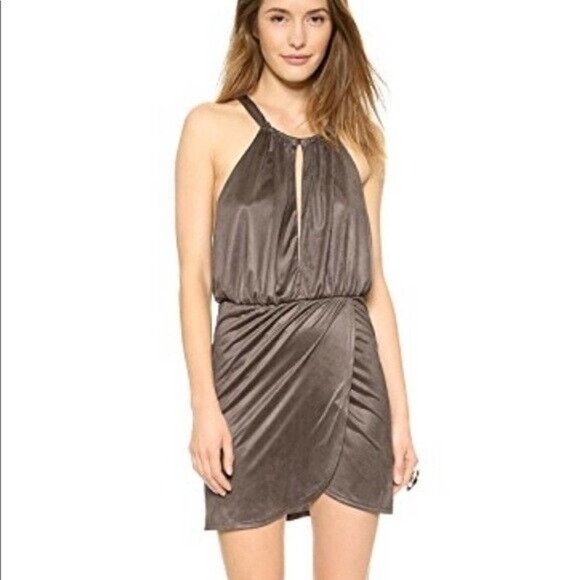 Nightcap by Carisa Rene Taupe Gray Vegan Suede Halter Dress 2 Mini Super Soft - Picture 1 of 11